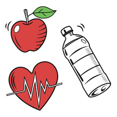 Healthy lifestyle concept with fresh apple, water bottle and heart symbol