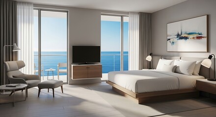 Luxurious hotel bedroom interior with a king-size bed and a balcony overlooking a beautiful blue ocean