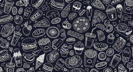 Fototapeta premium fast food illustration with burgers pizza fries ice cream and drinks in cartoon doodle style on dark background with bold cheerful title and vibrant design perfect for creative food projects