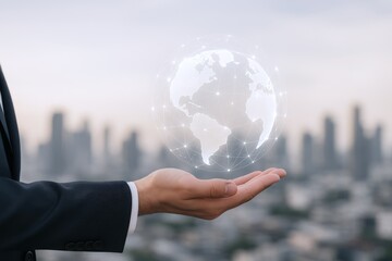Global Business Connection: Businessman Holding Digital Globe Representing International Networking and Communication, Innovation and Technology