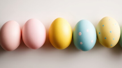Obraz premium Pastel Easter Eggs in a Row: Spring Holiday Celebration with Festive Colors and Minimalist Design