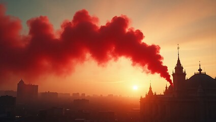 Obraz premium Thick red smoke billows from a smokestack over a hazy city skyline during a vibrant sunset.