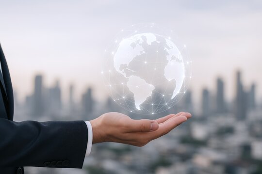 Global Business Connection: Businessman Holding Digital Globe Representing International Networking and Communication, Innovation and Technology - Powered by Adobe
