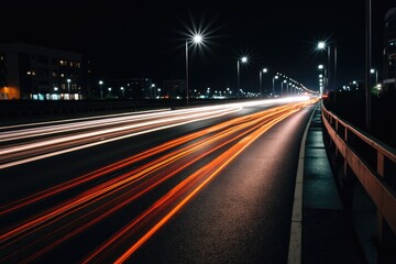 Streaking lights on wet city road at night streaks traffic