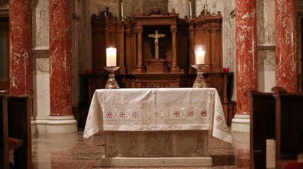 Naklejka premium Serene Interior of a Church Altar with Lit Candles and Ornate Wooden Cross