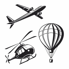 Monochrome illustration of airplane, helicopter and hot air balloon on white background