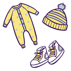 Illustration of a onesie, hat, and shoes isolated on white background