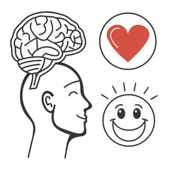 Brain, heart, and smiley face representing mental and emotional wellbeing