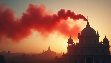 Obraz premium A majestic domed building emits a thick plume of red smoke against a golden sunset sky.