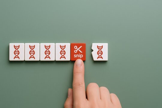 Genome Editing Concept: Hand Pointing to Scissors Cutting DNA on Tiles, Genetic Engineering