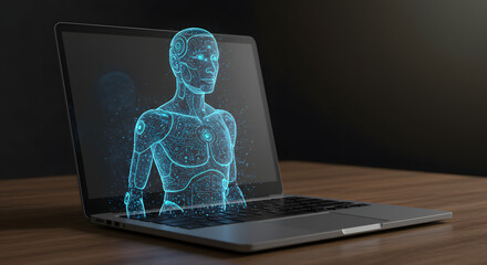 Emerging technologies unveiling: A digital humanoid figure stepping out of a laptop screen