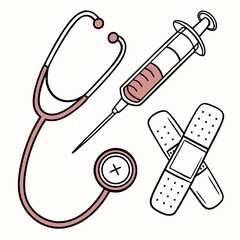 Stethoscope, syringe, and bandages isolated on white background
