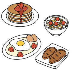 Assortment of breakfast and lunch dishes isolated on white background