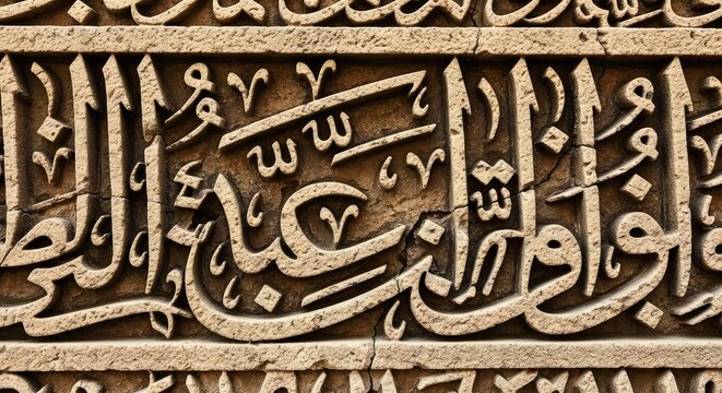 Ancient Arabic Calligraphy: Intricate Script Carved into Cracked Sandstone