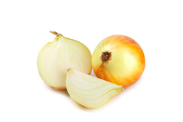 Obraz premium Onion isolated on white background. onion slice. onion rings. Fresh Yellow Onion. Natural, fresh, vegetarian food. Agricultural products. Healthy eating. Vegetables. Farmer's market.
