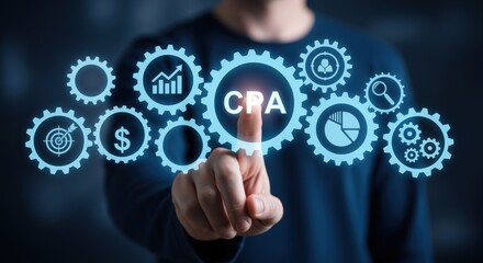CPA Business Strategy Concept: Businessman Tapping on Screen with Financial Icons Representing Certified Public Accountant
