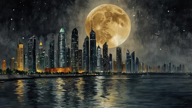 Looped animation of a night cityscape with a big moon in sky. Modern deeptown with high skyscrapers at night on the riverbank, based on AI illustration.