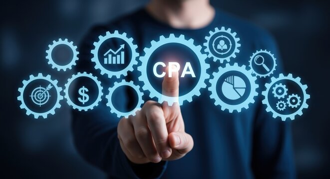 CPA Business Strategy Concept: Businessman Tapping on Screen with Financial Icons Representing Certified Public Accountant