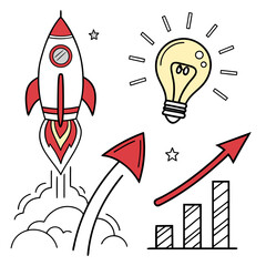 Rocket launch, lightbulb, and growth chart representing business success isolated on white background
