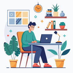 Man working on laptop at desk in home office with plants and bookshelf