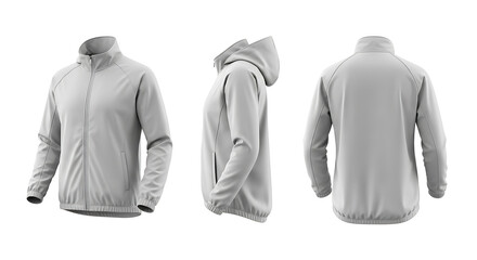 White Windbreaker Jacket with Hood Mockup: Front, Side, and Back Views