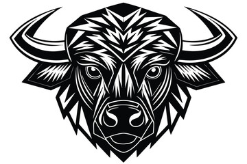 Black and white tattoo shows a bull head with sharp angular lines