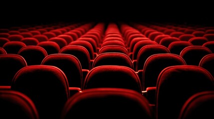 Rows of Empty Red Seats in a Theater or Cinema, Dramatic Perspective and Dim Lighting