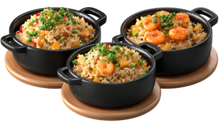 A delightful and appetizing presentation of three ceramic bowls filled with delicious healthy and freshly prepared meals artfully arranged on a rustic wooden tabletop surface for a pleasing aesthetic.