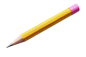 A sharpened yellow pencil with a pink eraser on a black background