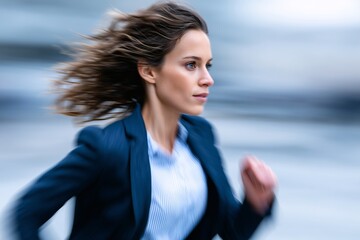 Businesswoman in navy blazer, Focused while moving fast, Work deadline urgency concept