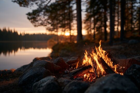 Campfire with burning logs, Lakeside at sunset, Warmth and relaxation in nature - Powered by Adobe