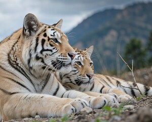Two siberian tigers resting in mountain habitat