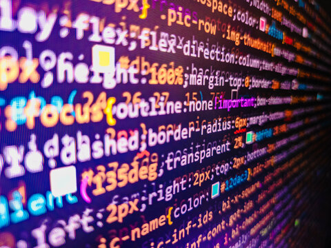 Javascript code in bracket software. Software developer programming code on computer. Photo of computer digital background. Computer source code programmer script developer