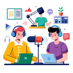 Two people recording a podcast in a studio isolated on white background