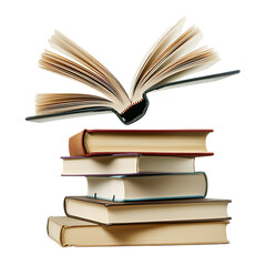 Naklejka premium Open book soaring above stack of old hardcover books