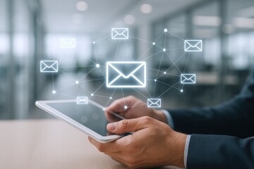 Businessman Uses Tablet with Email Icons Connected, Illustrating Digital Communication and Marketing Strategies