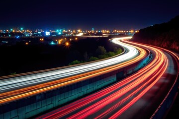 Vibrant light streaks on curving highway at night trails