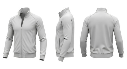 A versatile 3D rendered men's track jacket mockup in white, showcasing front, side, and back views for branding and apparel design presentations.