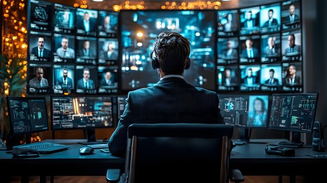 Businessman monitoring a virtual business meeting through a complex technological setup