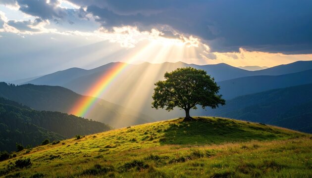 Rainbow over Tree on Hillside with Mountains with Sunlight.