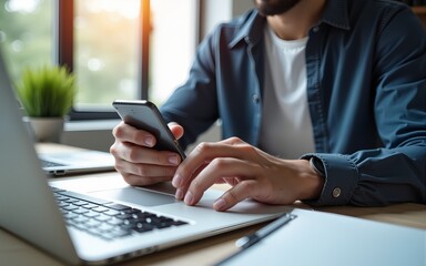 man holding a smartphone while typing on a laptop keyboard in an office or home setting, representing online work, business tasks, emails, and internet communication using technology. High quality