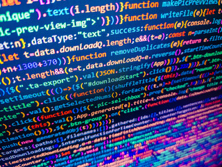 WWW software development. Program code with display. Template of webs. Closeup of Java Script,. Business background