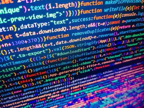 WWW software development. Program code with display. Template of webs. Closeup of Java Script,. Business background