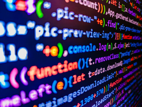 Computer script, function. Computer virus concept. Web development javascript HTML5 code. Source code close-up. Computer digital background. Market Analyze. Information technology website coding