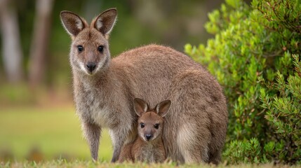 Wallaby Mother and Joey Portrait in Natural Habitat, Australia Wildlife, Conservation, and Animal Protection