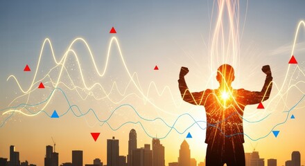 Successful Businessman Silhouette Celebrating Financial Growth with Cityscape Background and Rising Graph Lines