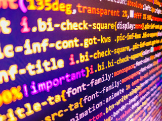 Programming text on dark screen. Coding programming source code screen. Digital display screen of modern  programmer coding work live. Application binary code. Programming code on computer monitor
