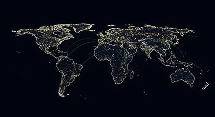 World network connecting cities at night, demonstrating global interconnection and communication