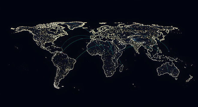 World network connecting cities at night, demonstrating global interconnection and communication - Powered by Adobe
