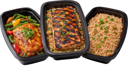 A close up view of three distinct food containers each showcasing a different culinary preparation ready for consumption highlighting meal preparation and modern convenience.